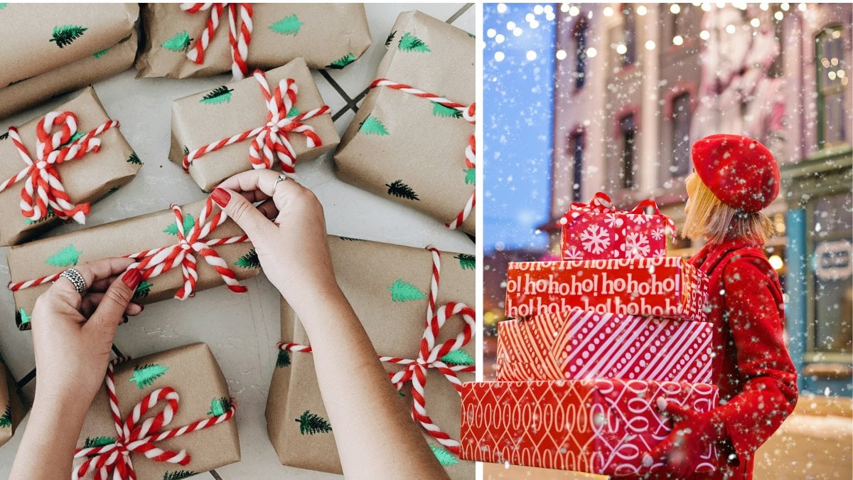 Tjejhänder som slår in paket och en tjej som handlat julklappar