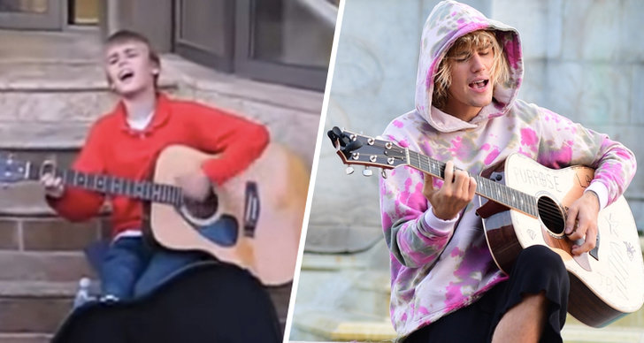 Justin Bieber spelar gitarr när han är liten, bredvid Justin Bieber som spelar gitarr idag.