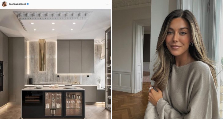 Tvådelad bild på Bianca Ingrosso och hennes lägenhet.